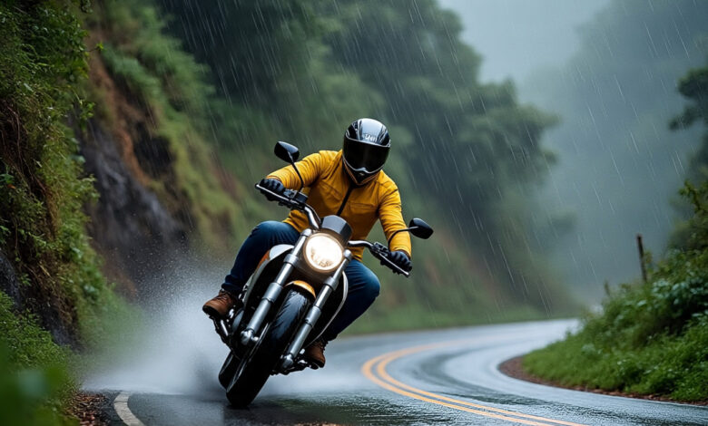 motor bike riding at rain